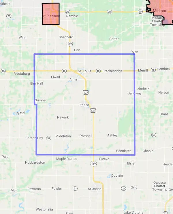 County level USDA loan eligibility boundaries for Gratiot, Michigan