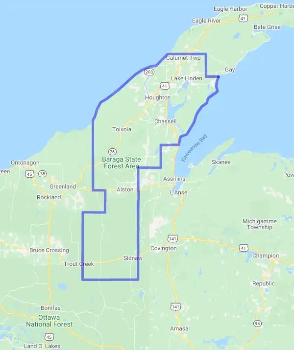 County level USDA loan eligibility boundaries for Houghton, Michigan
