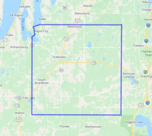 County level USDA loan eligibility boundaries for Kalkaska, Michigan