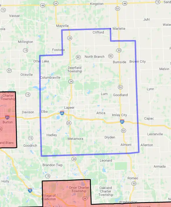 County level USDA loan eligibility boundaries for Lapeer, Michigan