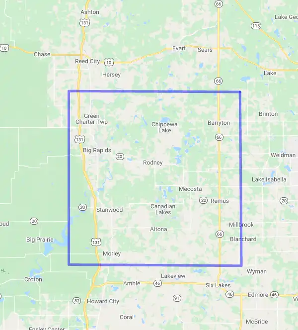 County level USDA loan eligibility boundaries for Mecosta, Michigan