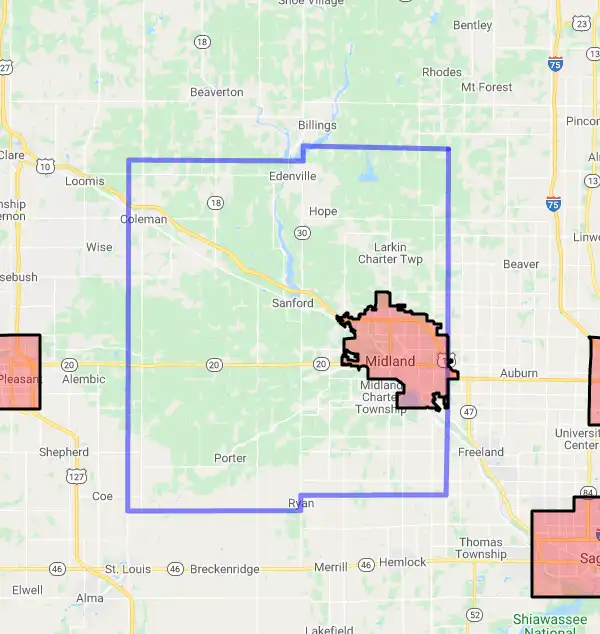 County level USDA loan eligibility boundaries for Midland, Michigan