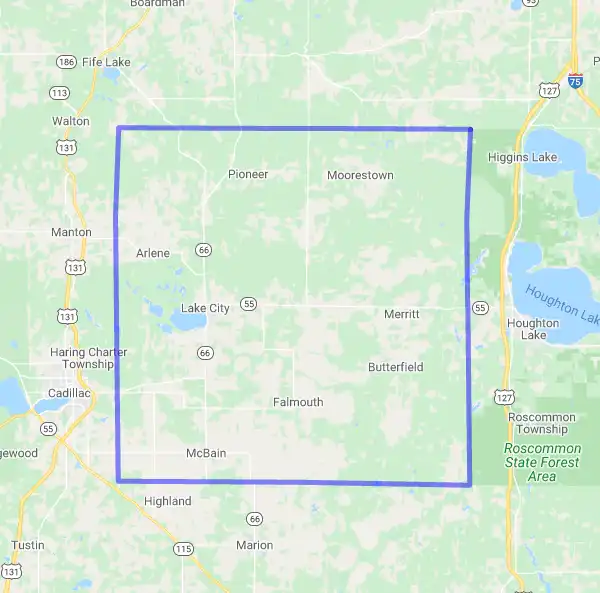 County level USDA loan eligibility boundaries for Missaukee, Michigan