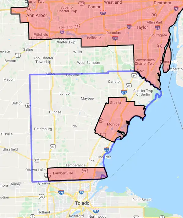 County level USDA loan eligibility boundaries for Monroe, Michigan