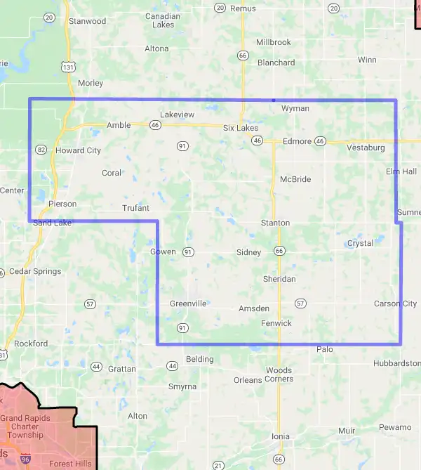 County level USDA loan eligibility boundaries for Montcalm, Michigan