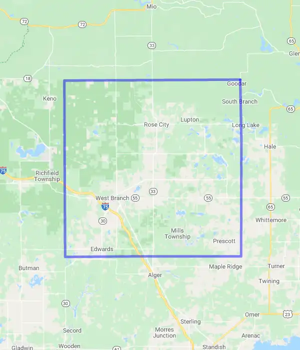 County level USDA loan eligibility boundaries for Ogemaw, Michigan