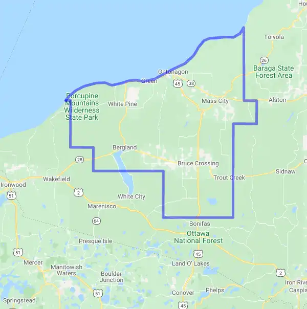 County level USDA loan eligibility boundaries for Ontonagon, Michigan
