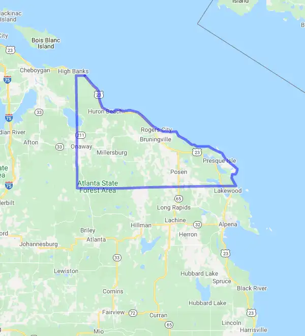 County level USDA loan eligibility boundaries for Presque Isle, Michigan