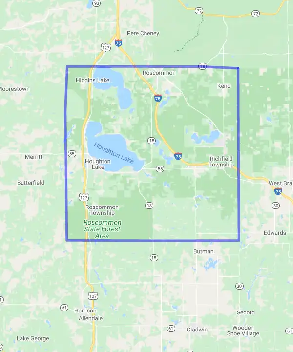 County level USDA loan eligibility boundaries for Roscommon, Michigan