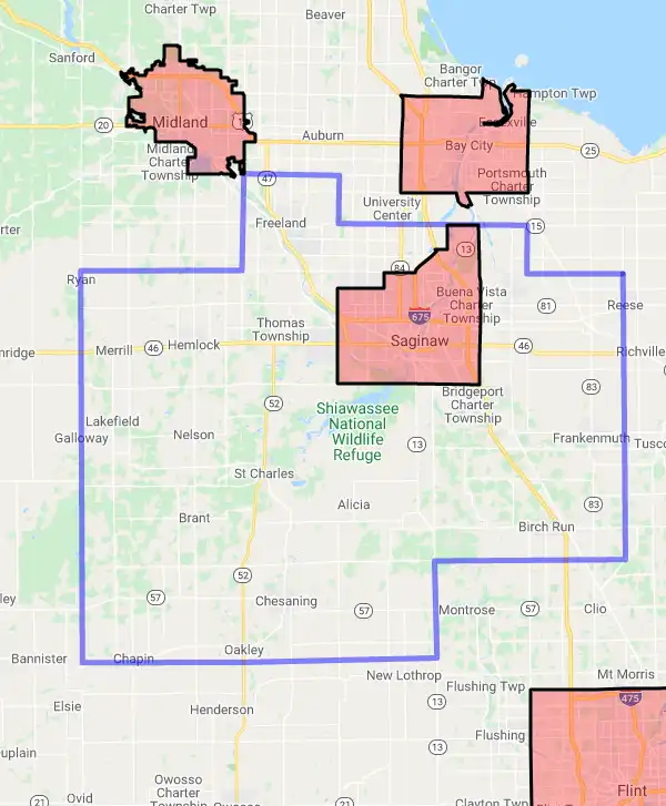 County level USDA loan eligibility boundaries for Saginaw, Michigan