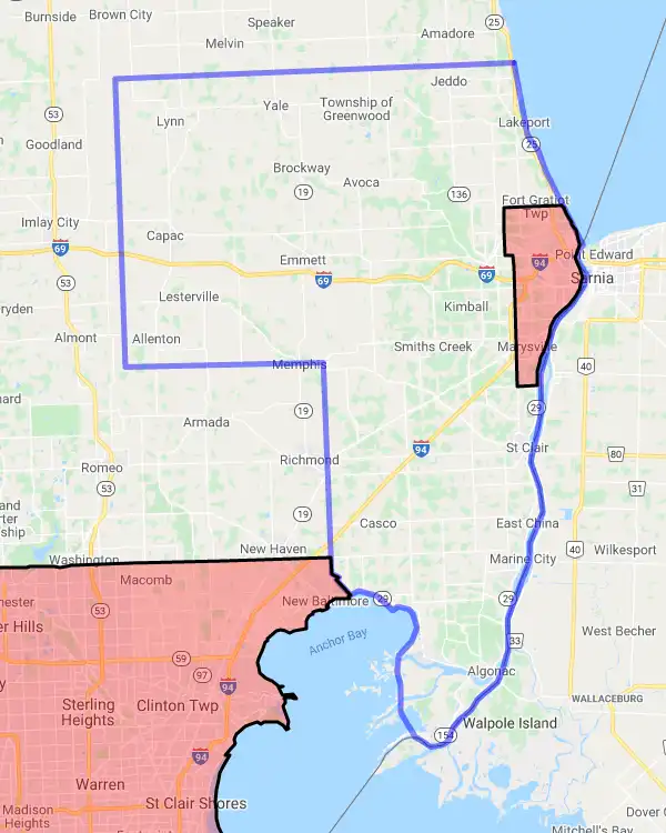 County level USDA loan eligibility boundaries for Saint Clair, Michigan