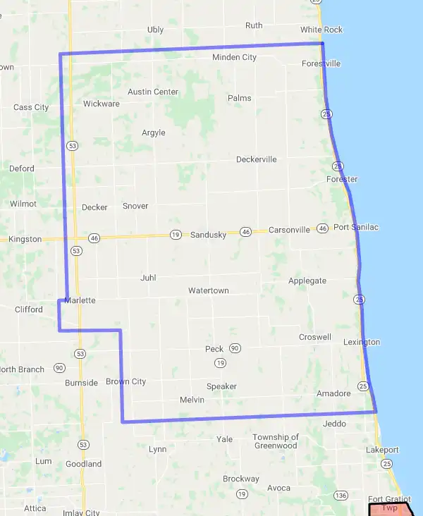 County level USDA loan eligibility boundaries for Sanilac, Michigan