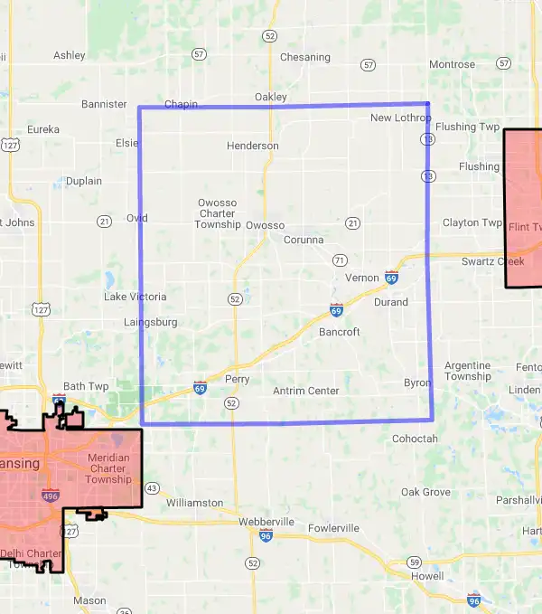 County level USDA loan eligibility boundaries for Shiawassee, Michigan