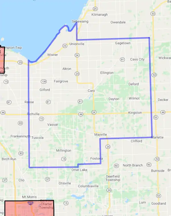 County level USDA loan eligibility boundaries for Tuscola, Michigan