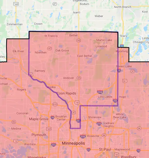 County level USDA loan eligibility boundaries for Anoka, Minnesota