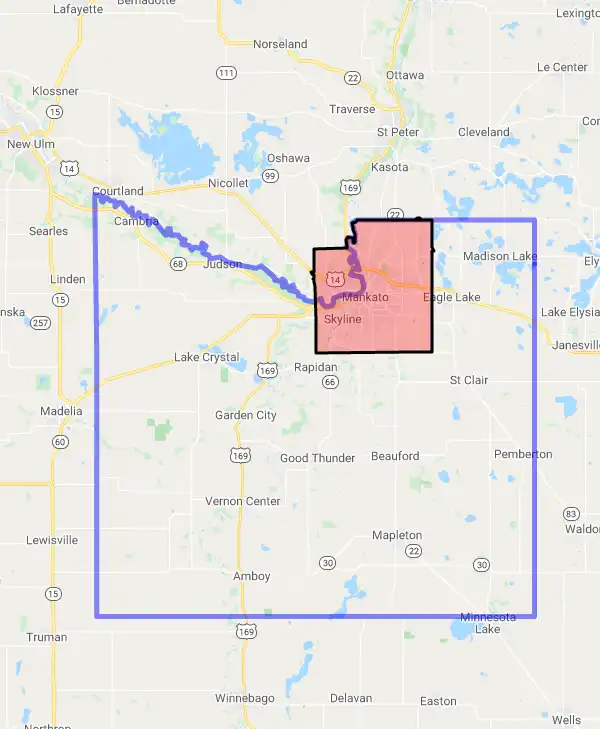 County level USDA loan eligibility boundaries for Blue Earth, Minnesota