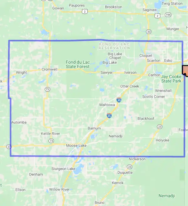 County level USDA loan eligibility boundaries for Carlton, Minnesota
