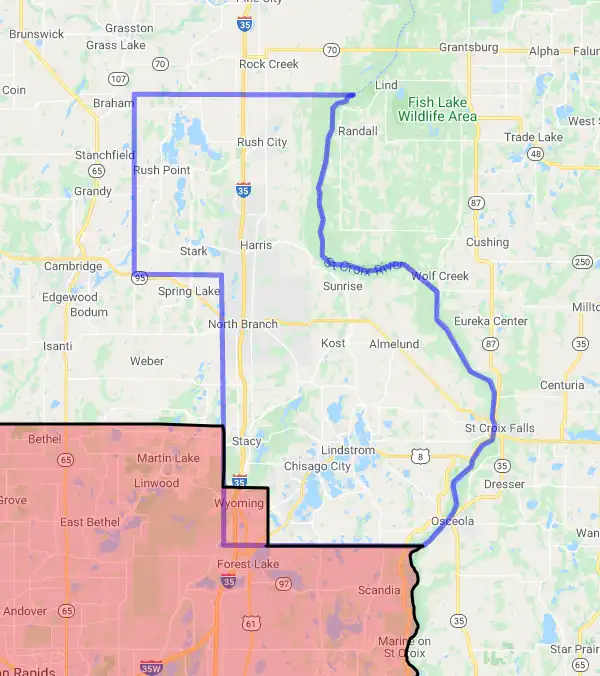 County level USDA loan eligibility boundaries for Chisago, MN