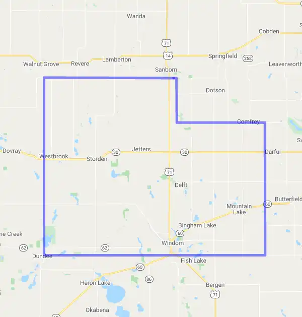 County level USDA loan eligibility boundaries for Cottonwood, MN