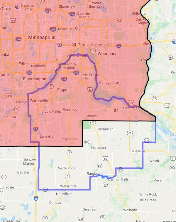 County level USDA loan eligibility boundaries for Dakota, Minnesota