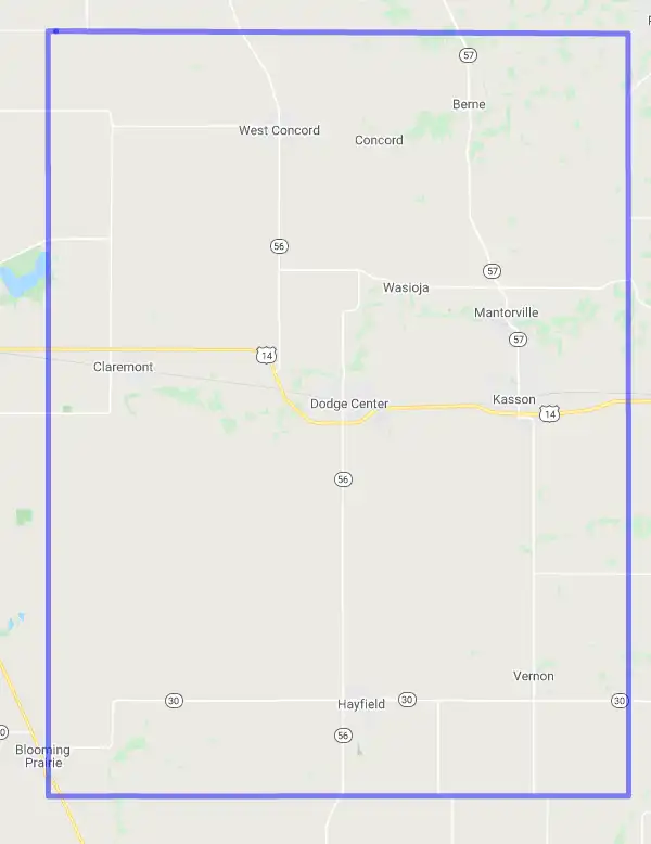 County level USDA loan eligibility boundaries for Dodge, Minnesota
