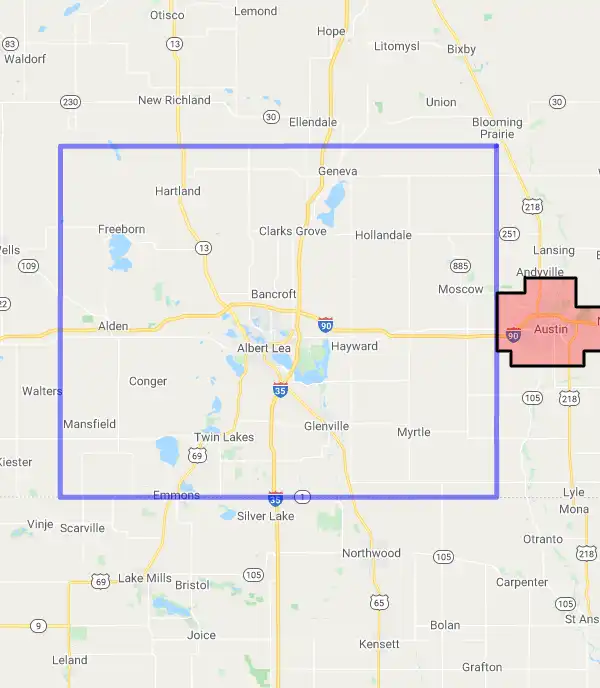 County level USDA loan eligibility boundaries for Freeborn, Minnesota