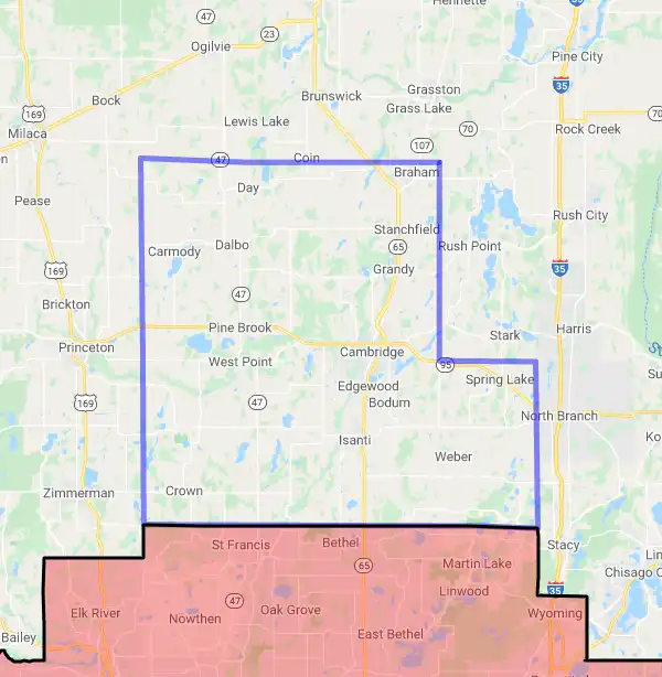 County level USDA loan eligibility boundaries for Isanti, Minnesota