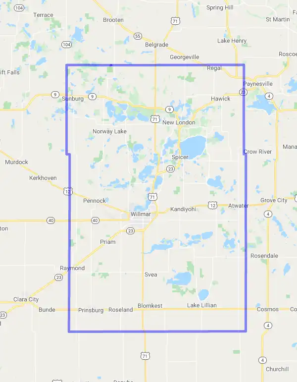 County level USDA loan eligibility boundaries for Kandiyohi, Minnesota