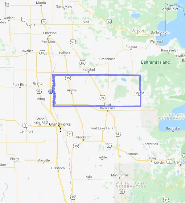 County level USDA loan eligibility boundaries for Marshall, Minnesota