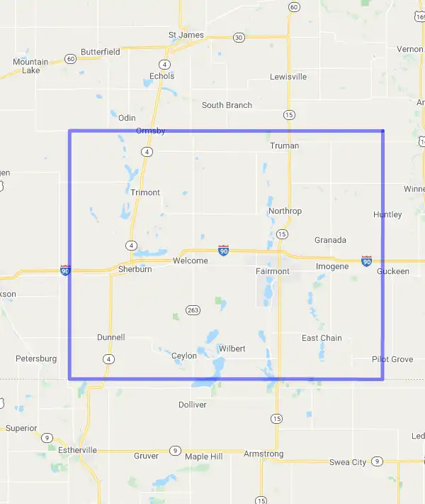 County level USDA loan eligibility boundaries for Martin, Minnesota