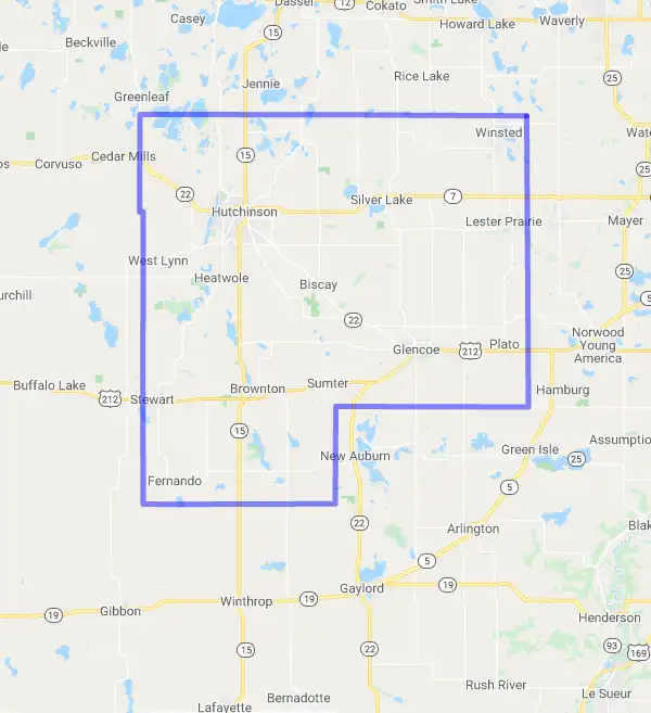 County level USDA loan eligibility boundaries for McLeod, MN