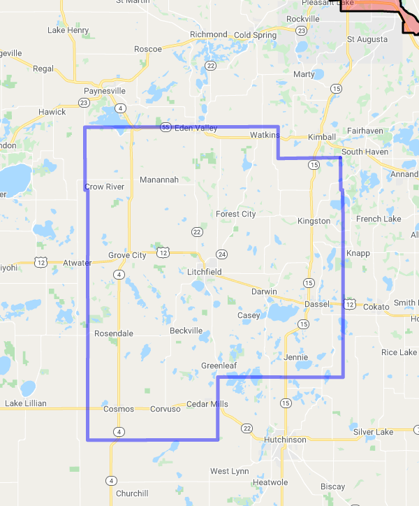 County level USDA loan eligibility boundaries for Meeker, MN