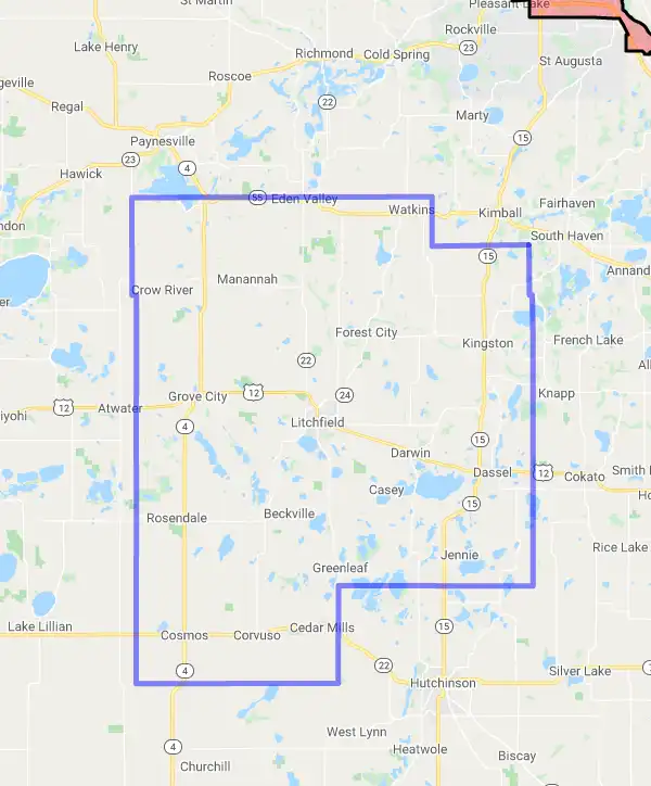 County level USDA loan eligibility boundaries for Meeker, Minnesota
