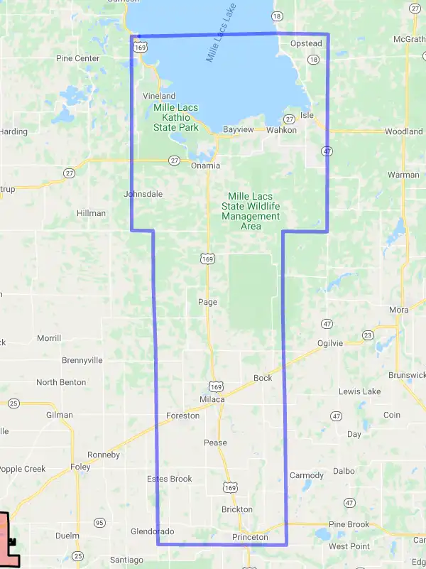 County level USDA loan eligibility boundaries for Mille Lacs, Minnesota