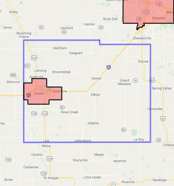 County level USDA loan eligibility boundaries for Mower, Minnesota