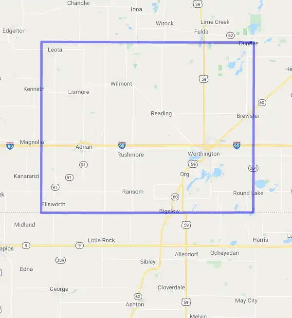 County level USDA loan eligibility boundaries for Nobles, Minnesota