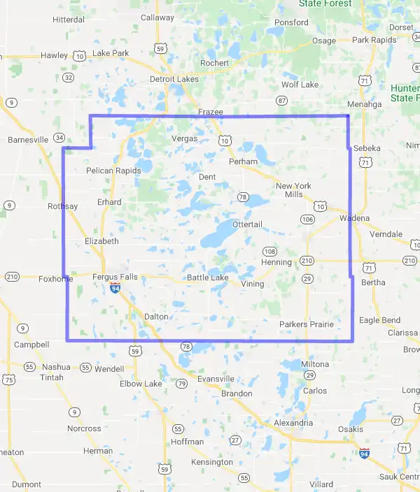 County level USDA loan eligibility boundaries for Otter Tail, MN