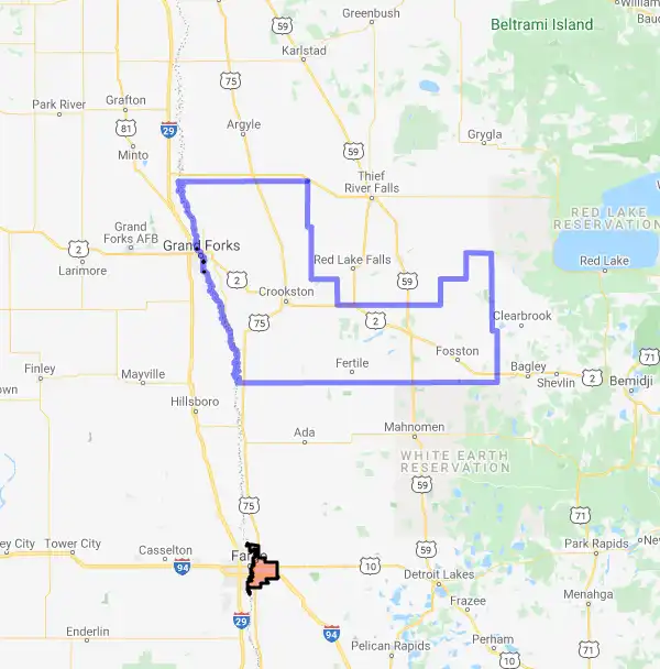 County level USDA loan eligibility boundaries for Polk, Minnesota