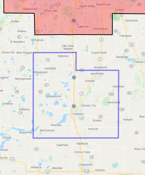 County level USDA loan eligibility boundaries for Rice, Minnesota