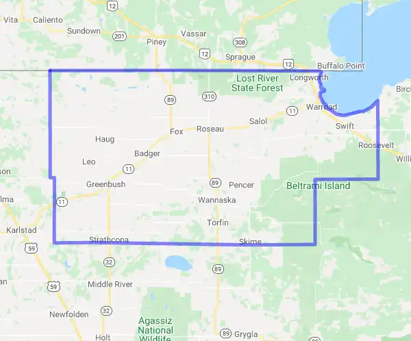 County level USDA loan eligibility boundaries for Roseau, Minnesota