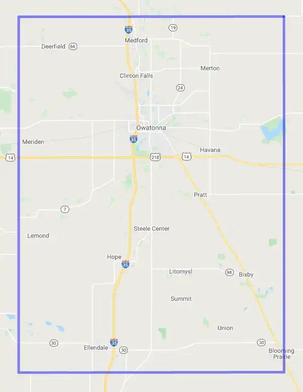 County level USDA loan eligibility boundaries for Steele, Minnesota