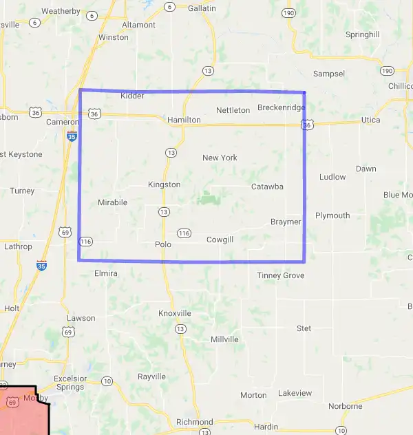 County level USDA loan eligibility boundaries for Caldwell, Missouri