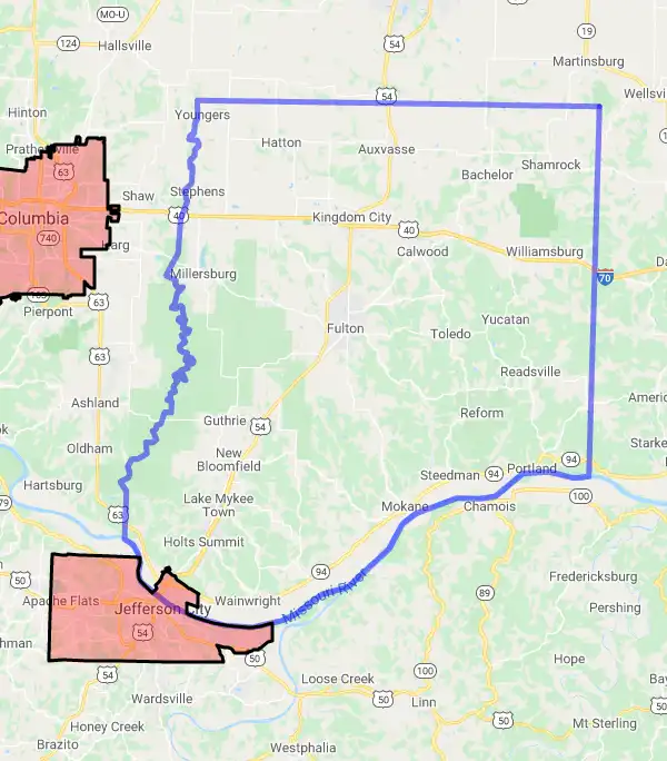 County level USDA loan eligibility boundaries for Callaway, Missouri