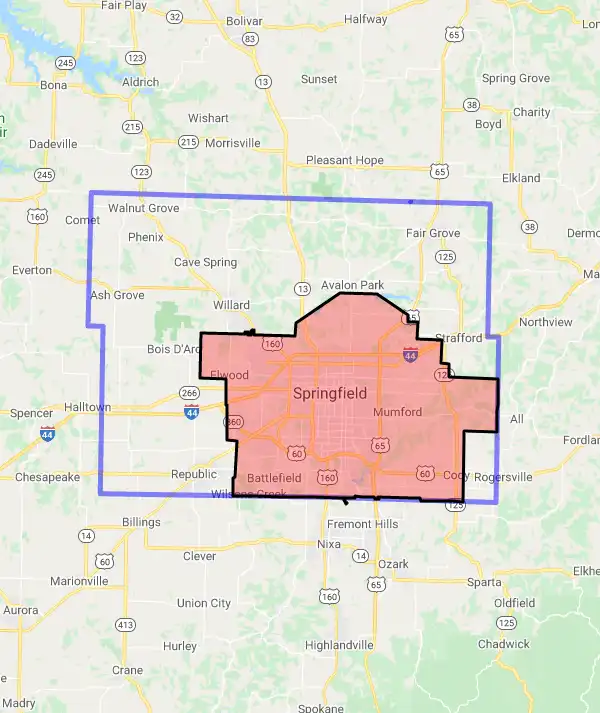 County level USDA loan eligibility boundaries for Greene, Missouri