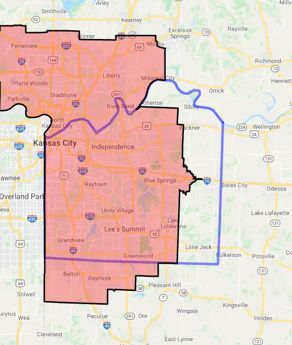 County level USDA loan eligibility boundaries for Jackson, Missouri