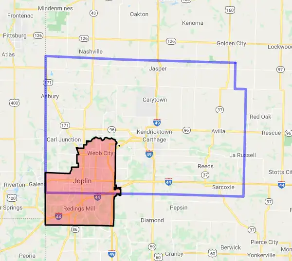 County level USDA loan eligibility boundaries for Jasper, Missouri