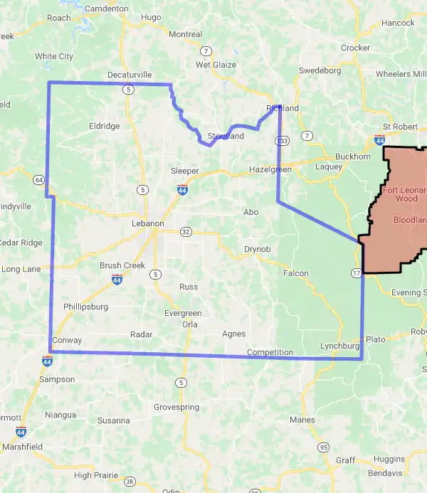County level USDA loan eligibility boundaries for Laclede, Missouri