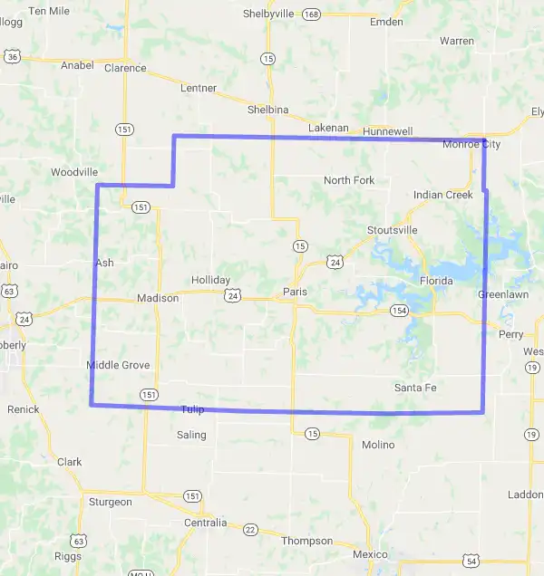 County level USDA loan eligibility boundaries for Monroe, Missouri