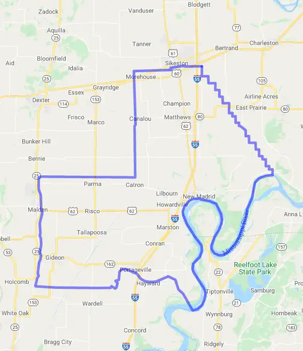 County level USDA loan eligibility boundaries for New Madrid, Missouri