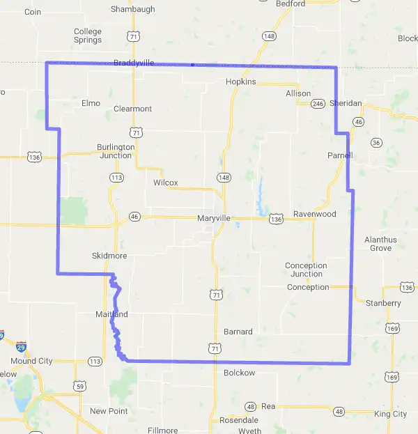 County level USDA loan eligibility boundaries for Nodaway, Missouri